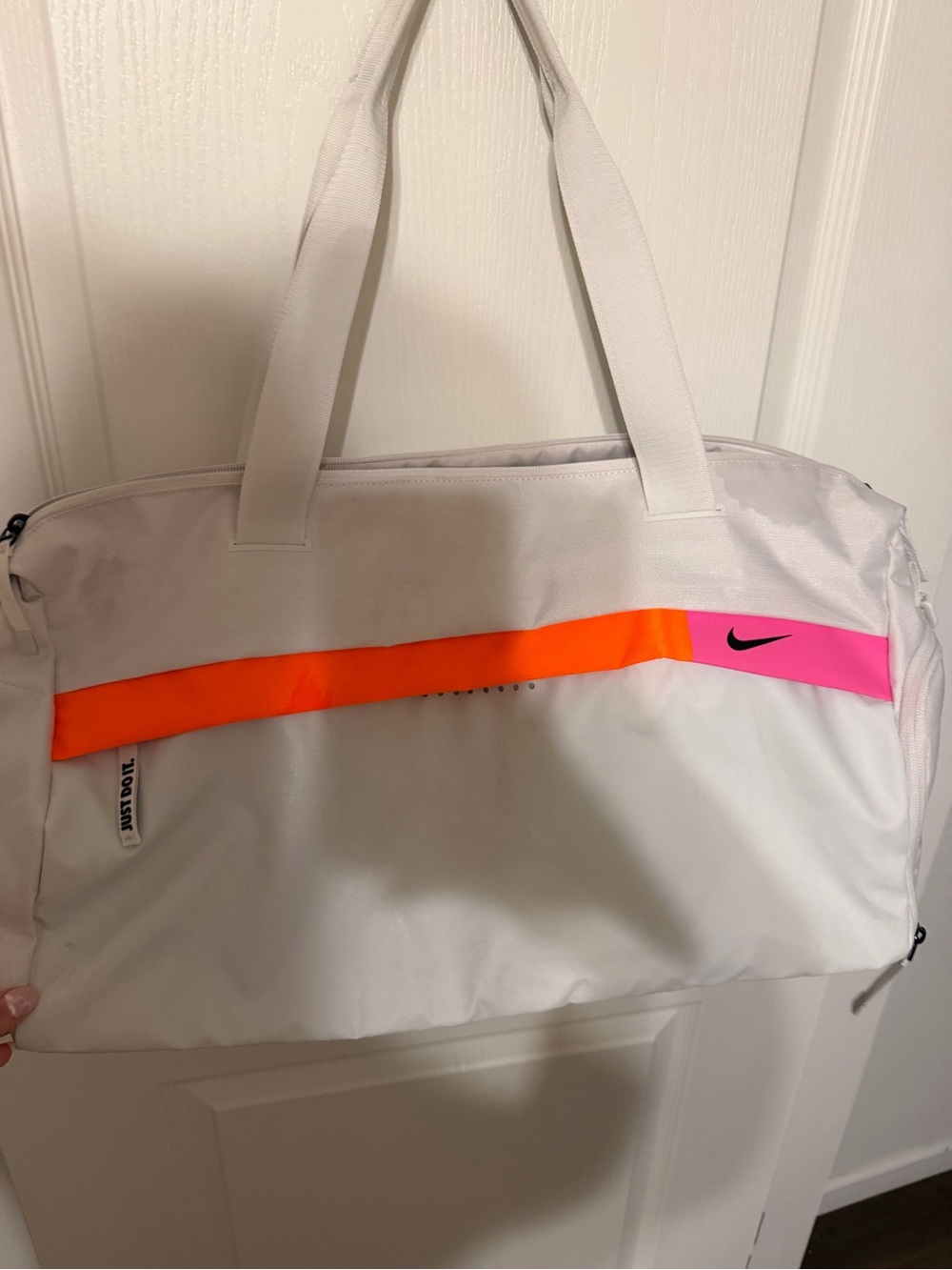 Nike White Travel Tote with Pink and Orange Stripe